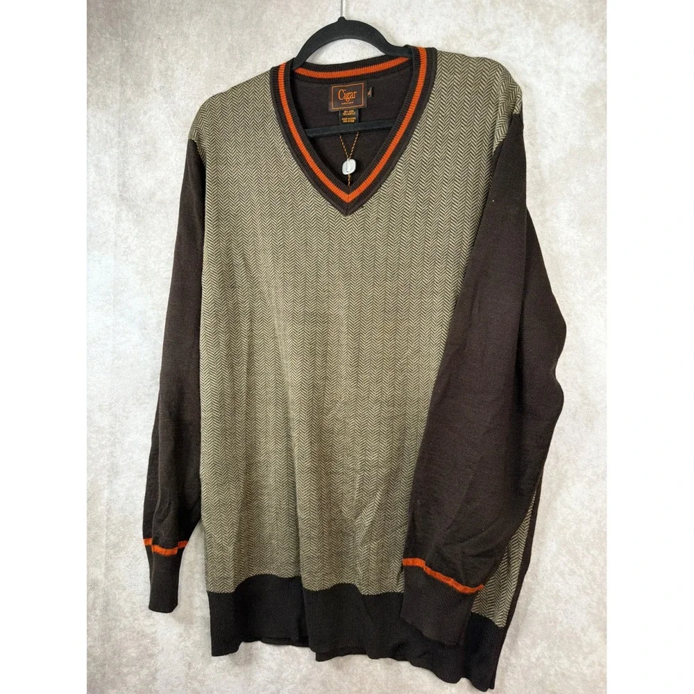 NWT Cigar Couture Sweater Mens XL Brown Herringbone V-Neck Wool Blend Retro Stke